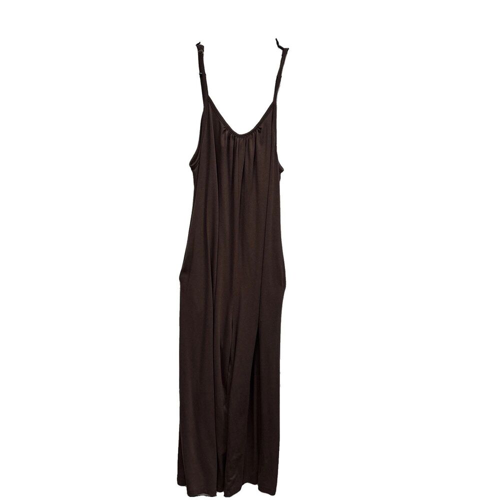 Women Brown Wide Leg Spaghetti Strap Jumpsuit M Pockets Stretch Pullon